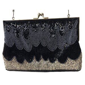 Vintage Black & Silver Beaded Evening Clutch Bag Chain Strap Kiss Lock Closure
